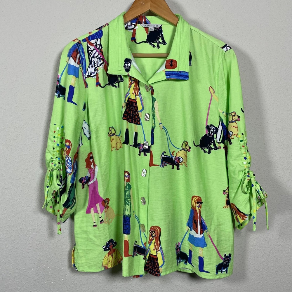 John Mark Shirt Womens PL Green Dog Button Up 3/4 Sleeve Whimsical AOP Novelty
